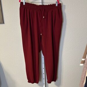 Women's Red‎ Textured Jogger Pants Elastic Waist Drawstring Casual Comfort